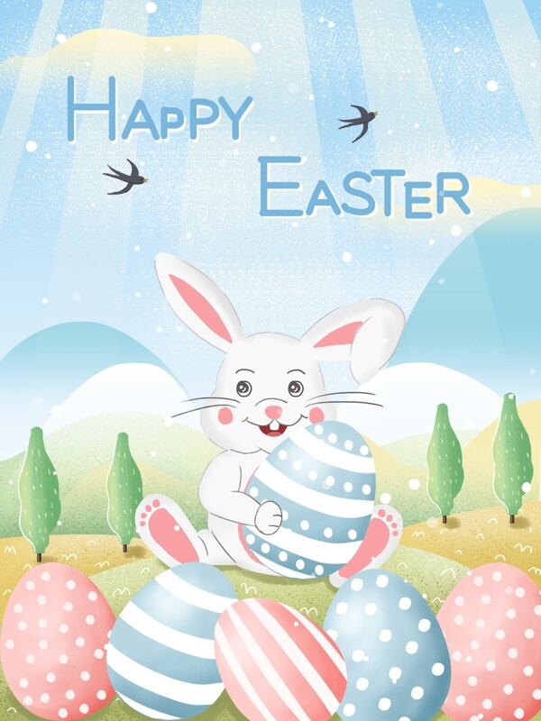 治愈系复活节小兔子抱彩蛋插画