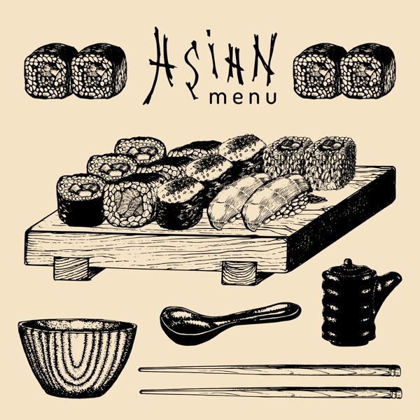 黑白手绘日式寿司插画