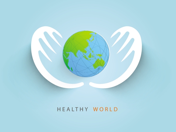 摘要世界卫生日的概念与全球保护人类的手在蓝色的背景