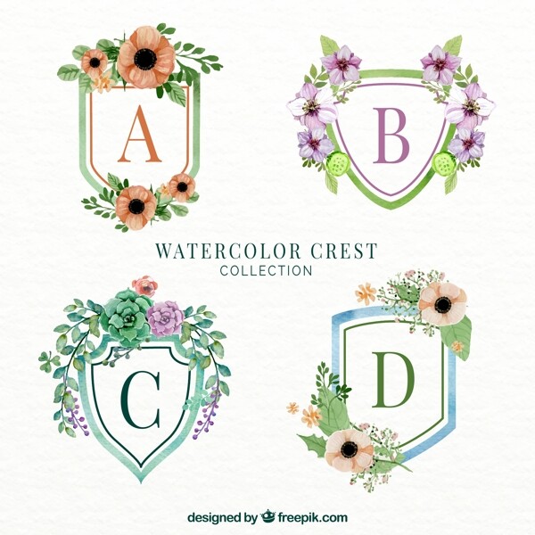 4款彩色花卉装饰字母纹章