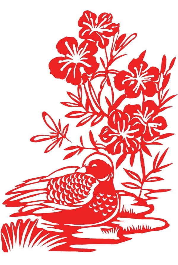 红色中国风鸭子剪纸插画