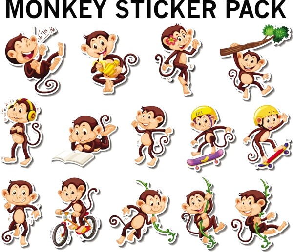 一套猴子贴纸在不同的帖子插图