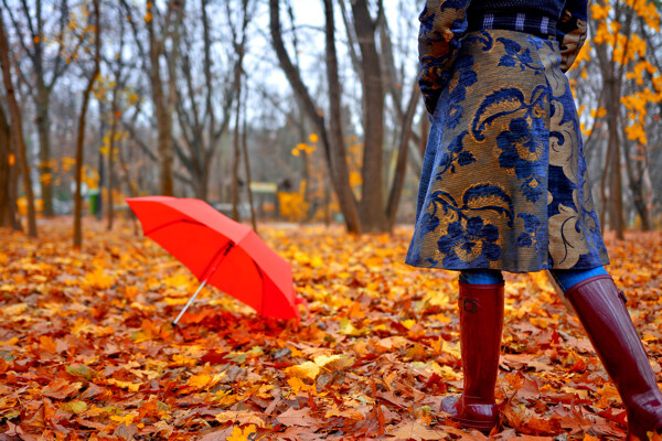 秋天树林散步的美女图片