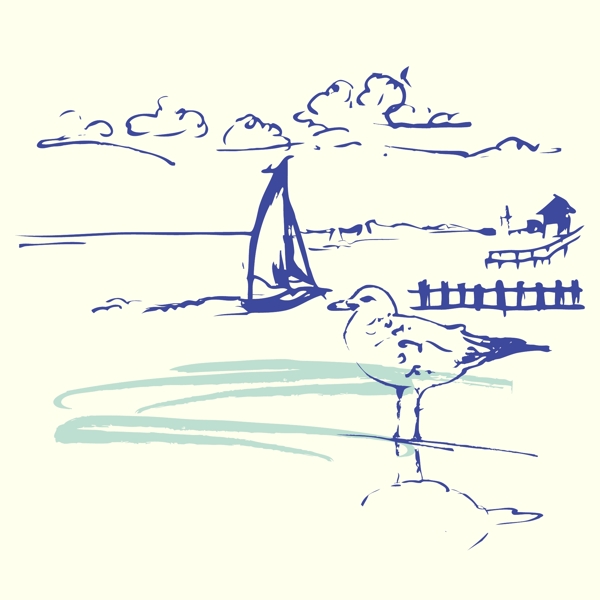 印花矢量图T恤图案动物海鸥帆船免费素材