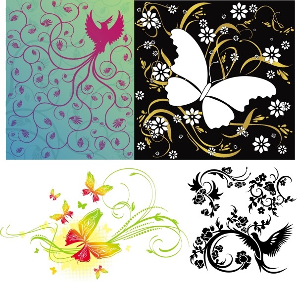 4只鸟和蝴蝶图案组合矢量素材