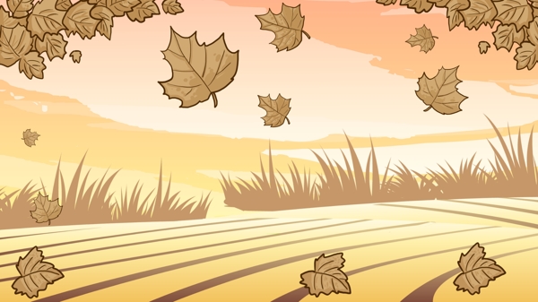 黄色田野上飘落的树叶卡通背景