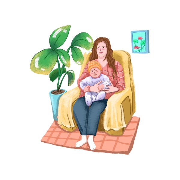 原创手绘母亲节妈妈抱着宝宝元素