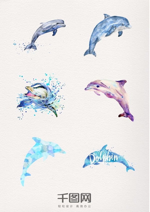 手绘水彩画海豚素材