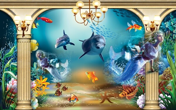 3D空间海底世界鱼背景墙