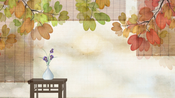 古典竹卷帘叶子花瓶背景