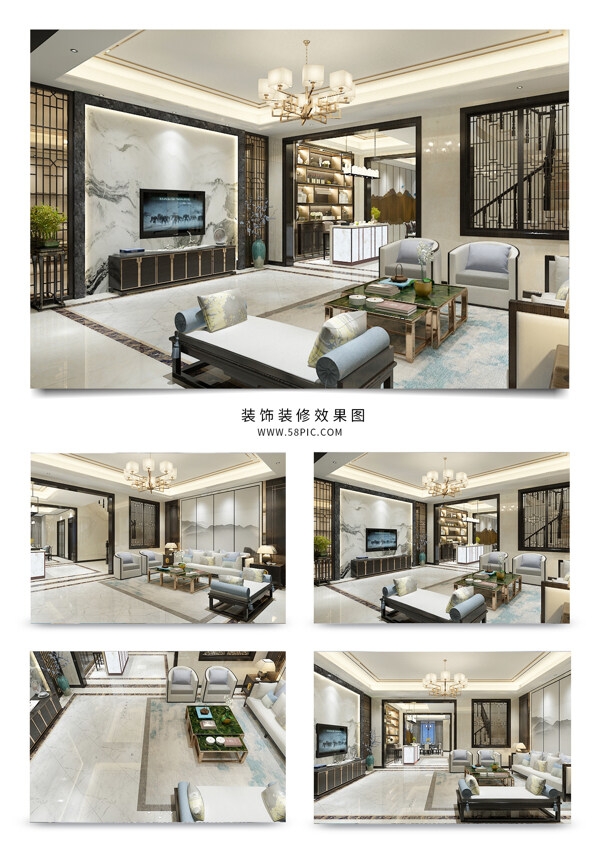 新中式客厅效果图明亮简洁
