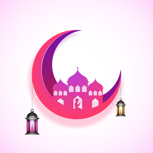 美丽的清真寺和挂着灯笼的3DPinkMoonRamadanKareem的创作背景社区节日的概念