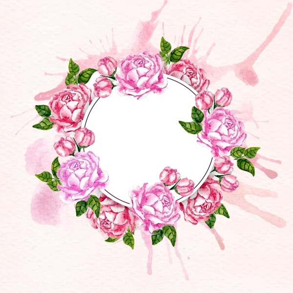 手绘水彩春季玫瑰花环