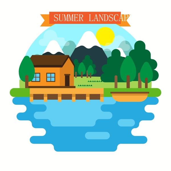 夏季度假湖边木屋风景矢量素材