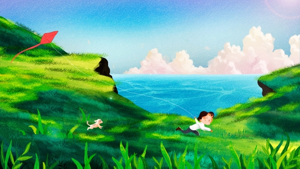 小清新夏日海边旅游放风筝插画