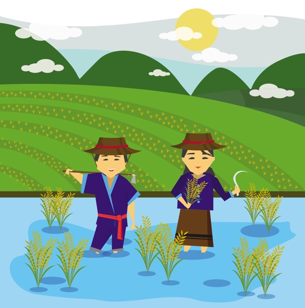 亚洲农民图纸设计与稻田自由向量
