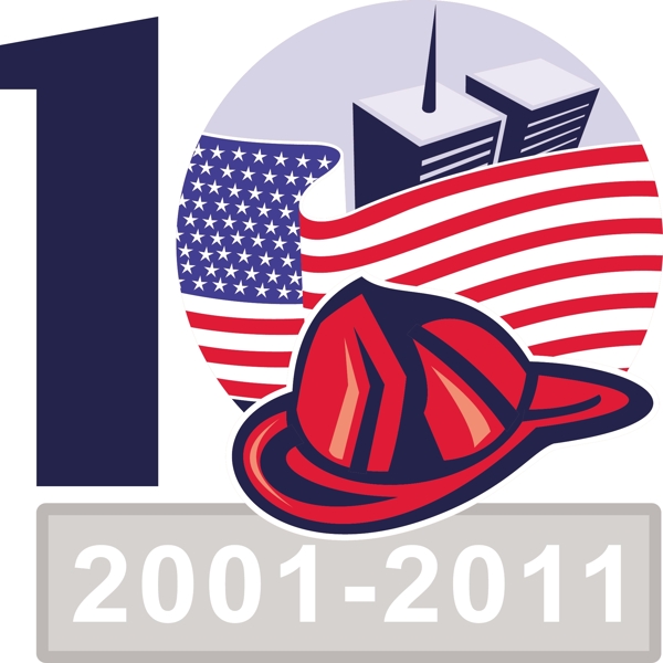 美国国旗的双塔建筑消防头盔