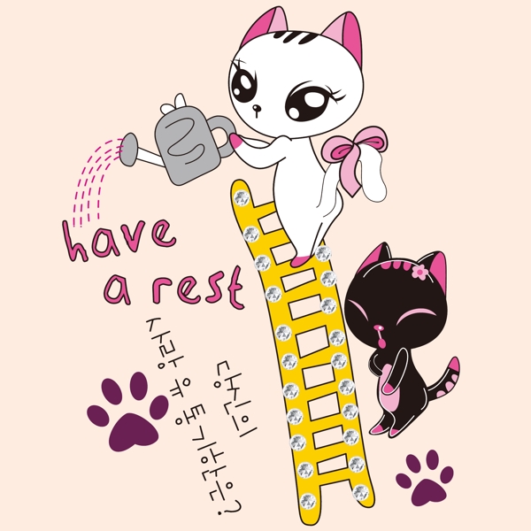 印花矢量图可爱卡通卡通动物小猫楼梯免费素材