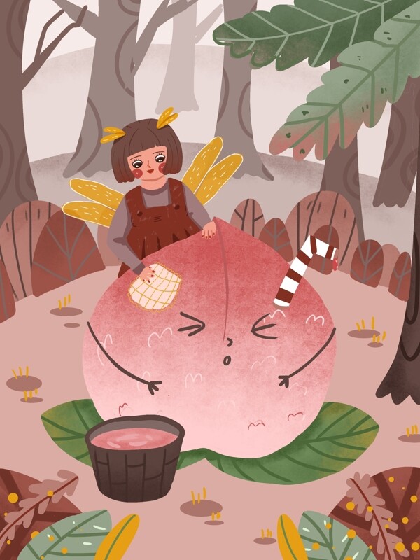 创意水果水蜜桃和精灵女孩在树林