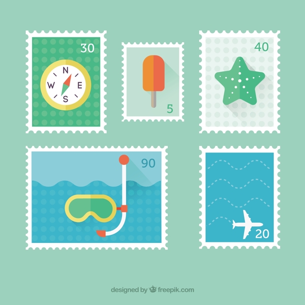 各种各样的扁平夏季邮票