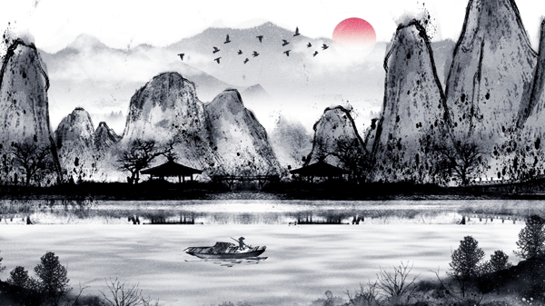 唯美中国古风水彩画水墨画山水风景插画