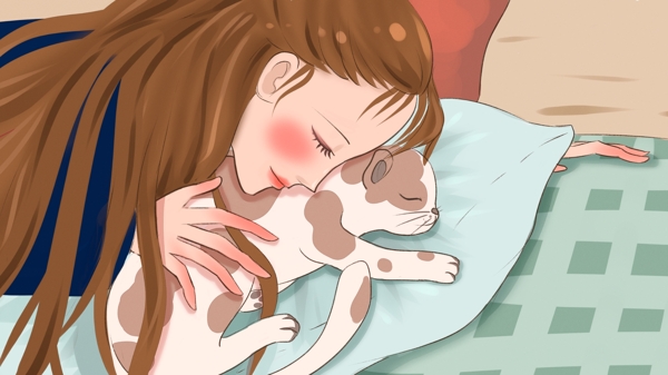 萌宠卧室里抱着猫咪睡觉的少女原创插画