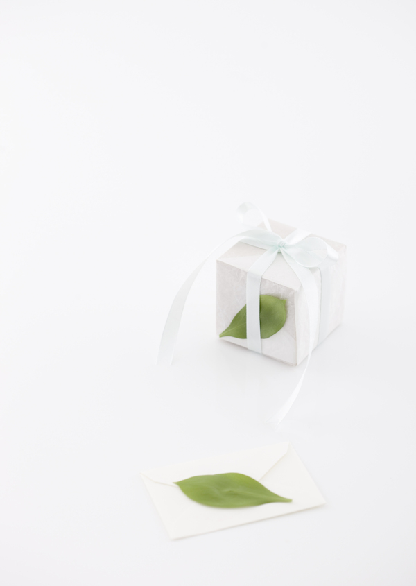 白色礼盒与绿叶图片