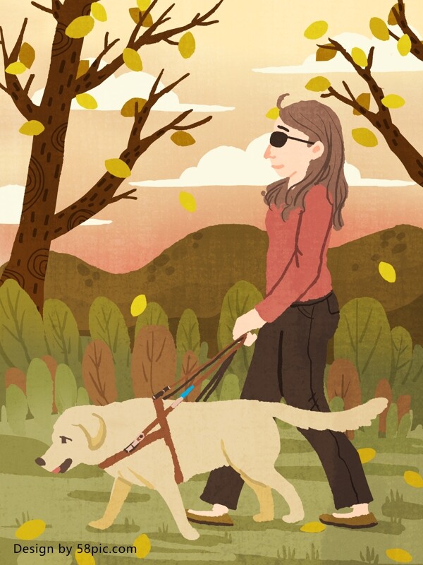关爱残疾人牵着导盲犬的女孩原创手绘插画