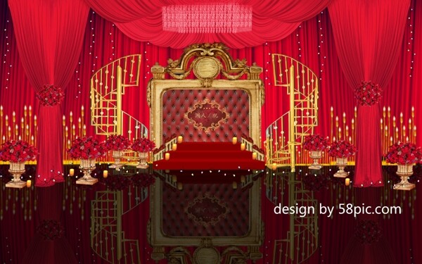 室内设计红金色欧式婚礼迎宾区psd效果图