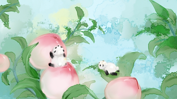 桃子与熊猫可爱水彩手绘插画
