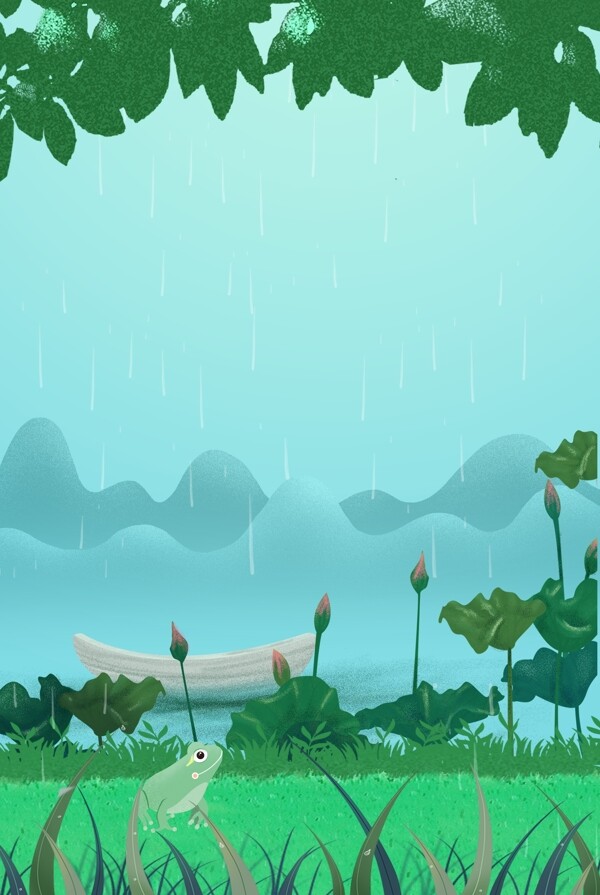 绿色卡通春天惊蛰节气雨水背景