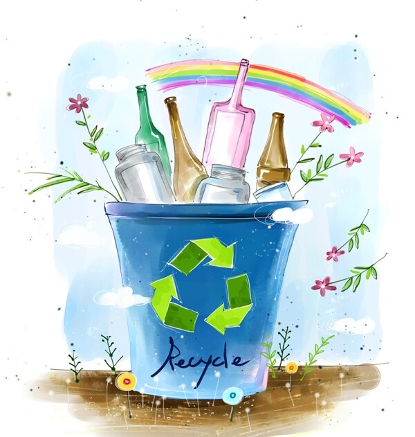 手绘卡通垃圾桶环保素材图片