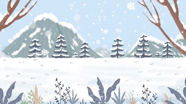 手绘冬日大雪雪景背景素材