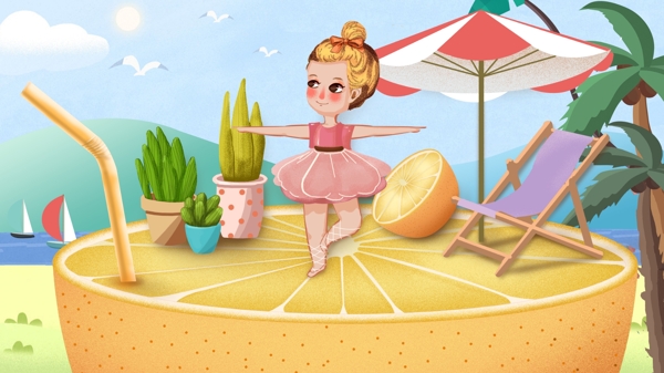 橙子舞台小女孩跳芭蕾晒太阳躺椅创意水果