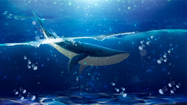 唯美梦幻鲸鱼治愈系海蓝时见鲸插画