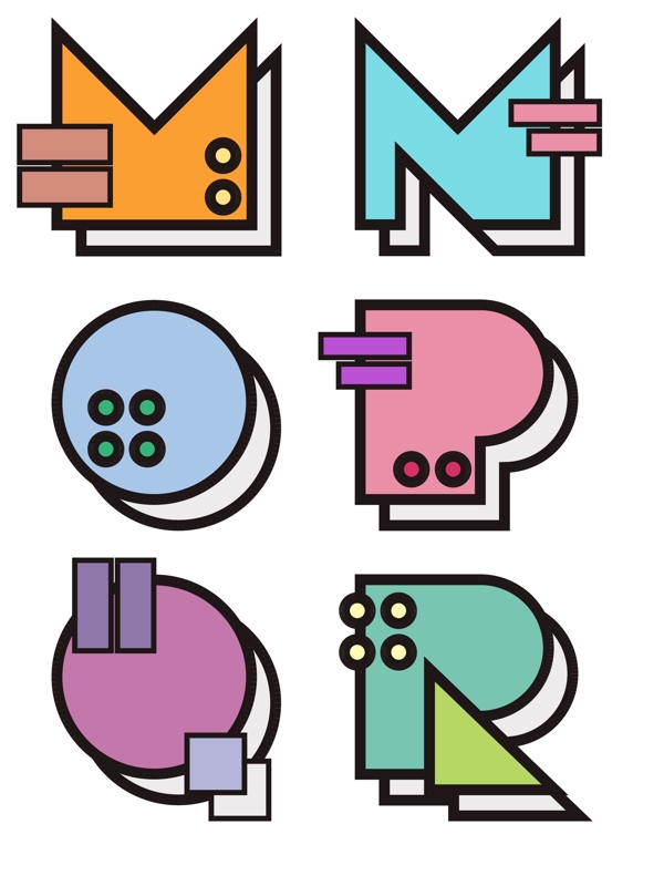 字母孟菲斯设计风格几何色彩字体