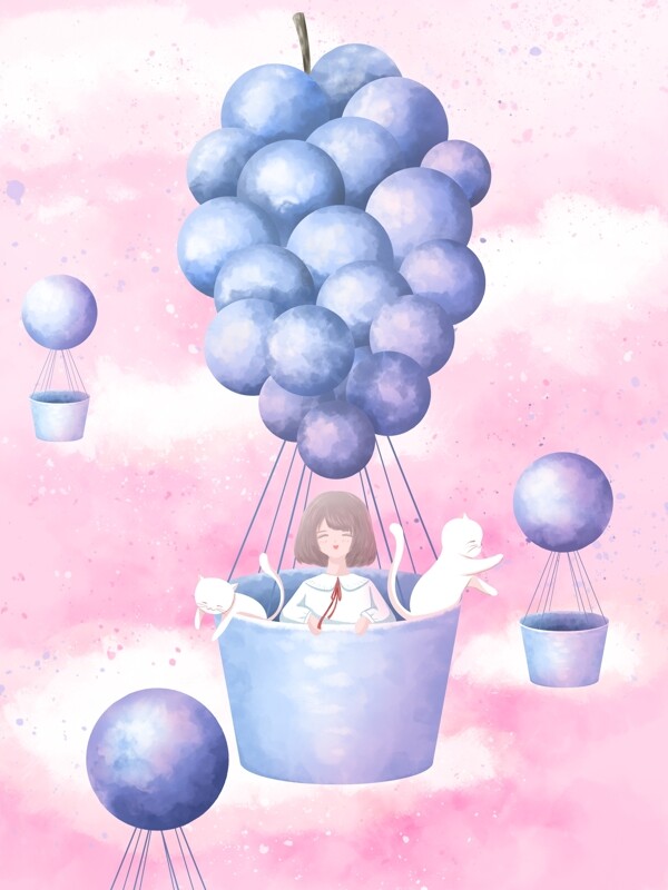 创意水果插画葡萄热气球上的女孩和猫