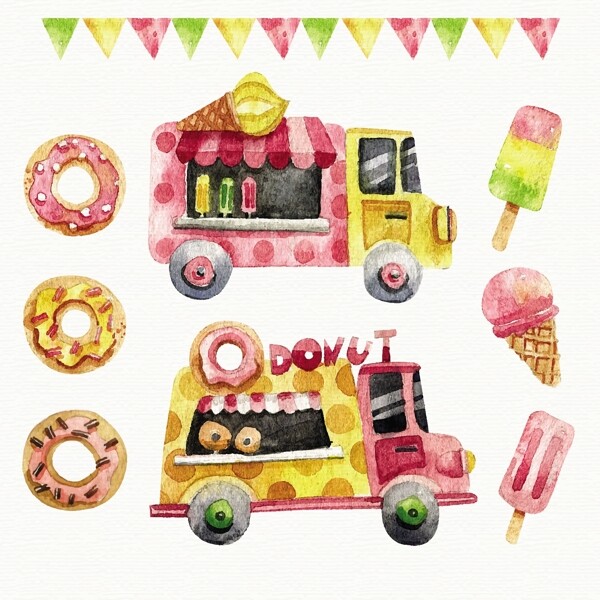 水彩甜甜圈冰淇淋和食品卡车