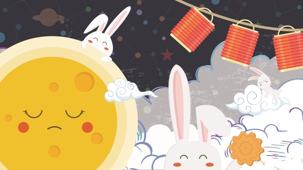 中秋月饼兔子满月灯笼插画手绘矢量小清新