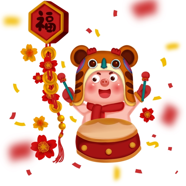 2019新年红色喜庆卡通猪敲鼓