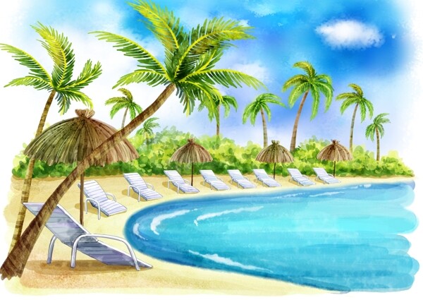 清凉夏日海滩椰树插画图片
