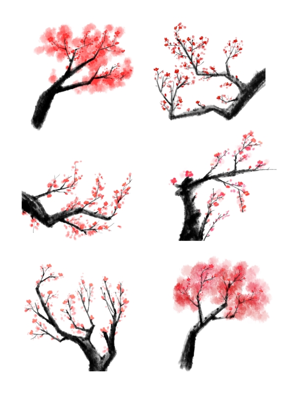 手绘古风中国风水墨红色梅花元素套图