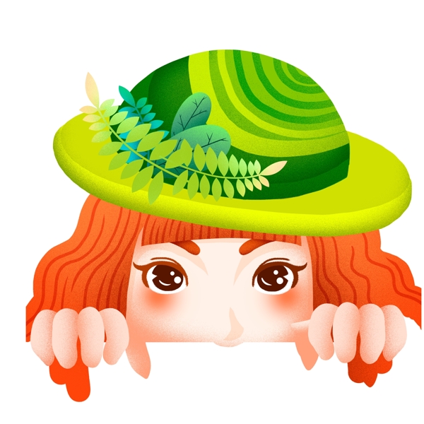 清新手绘带着绿色帽子的女孩