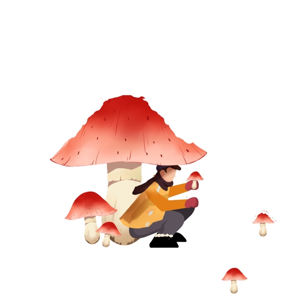 冬天采蘑菇的男生插画人物设计可商用元素