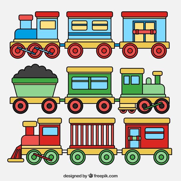手绘彩色玩具火车集合