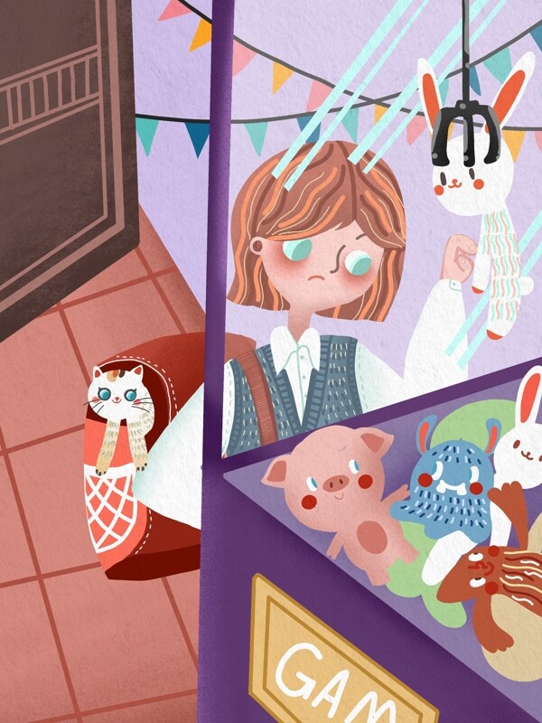 国际儿童日女孩玩娃娃机可爱温馨插画