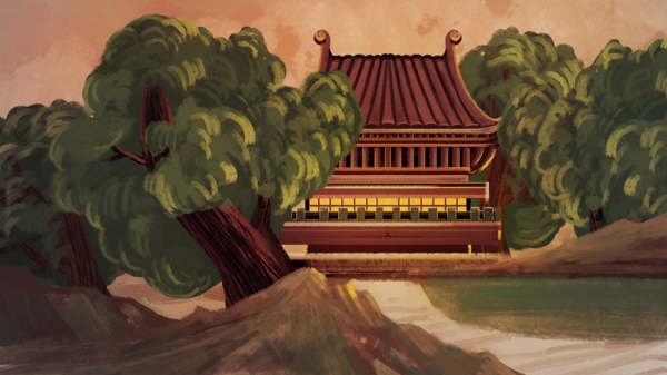 大气水彩风古建筑寺庙插画
