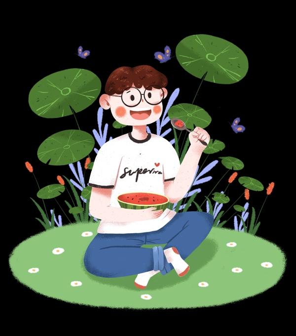 夏季吃西瓜的男生