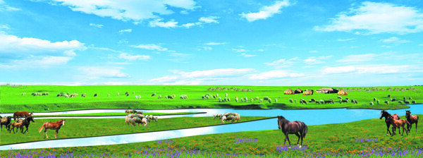 大草原蓝天白云河流牛羊