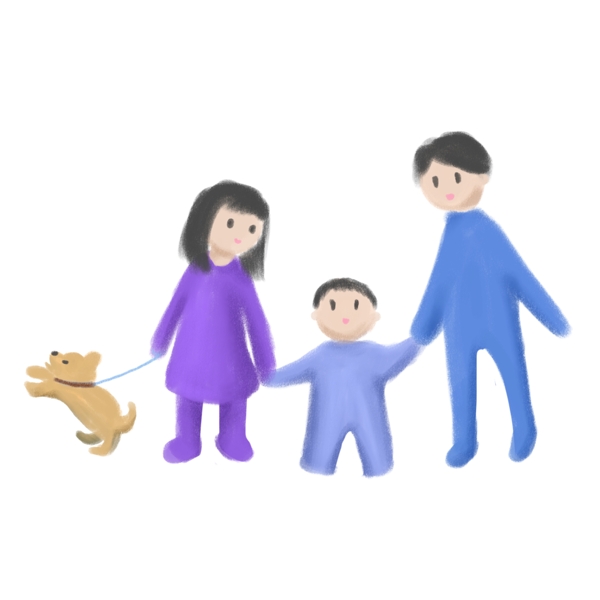 蓝色手绘温馨妈妈爸爸孩子和狗狗卡通插画